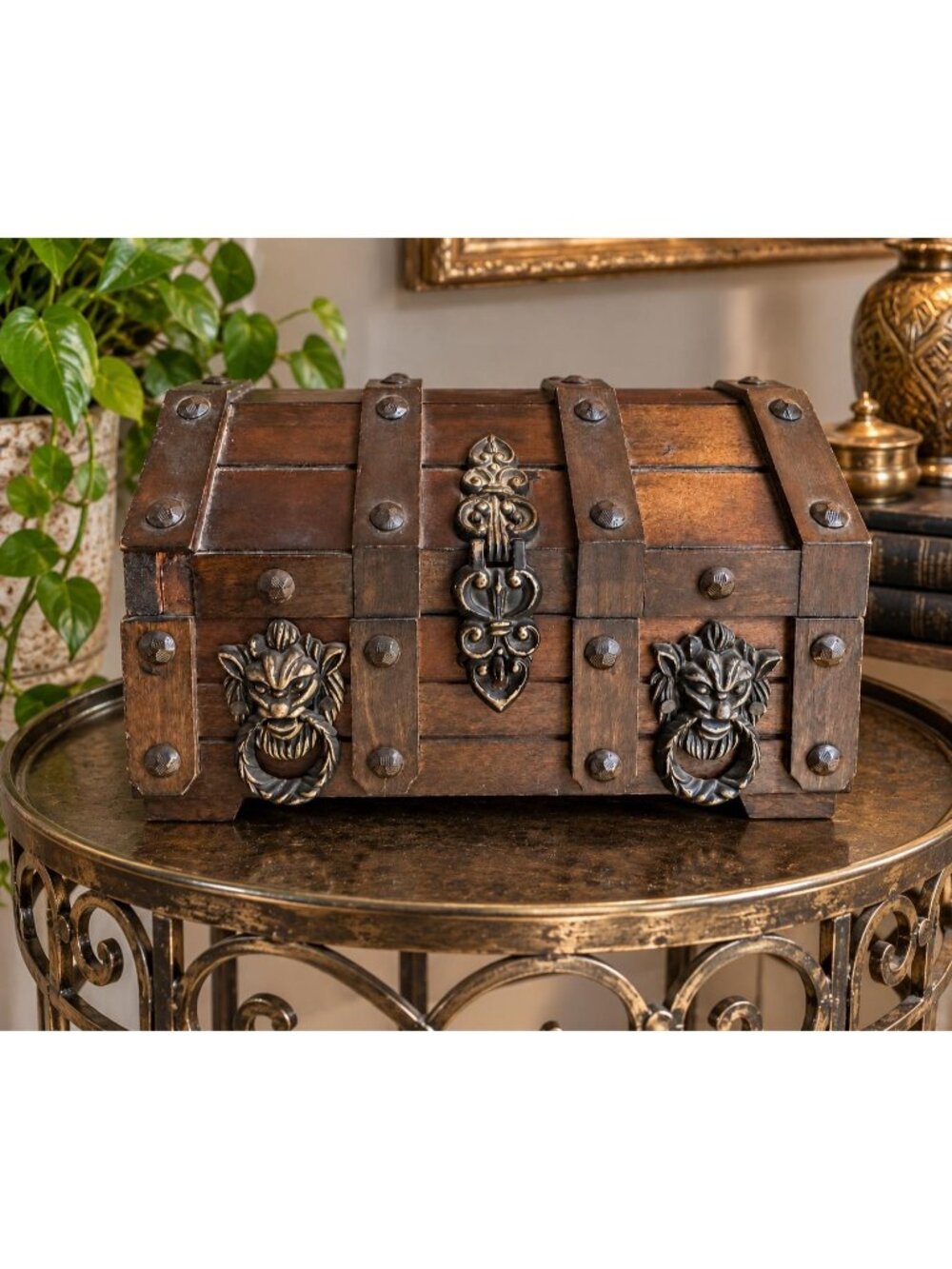 Rustic Wooden Treasure Chest Decorative Storage Box Lion Medieval Gothic Style